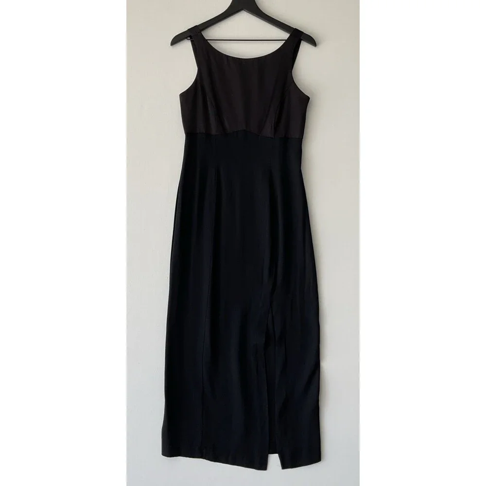 Vtg Late Edition Babydoll Maxi Dress Size 6 Black Satin Grunge USA 90s Y2K